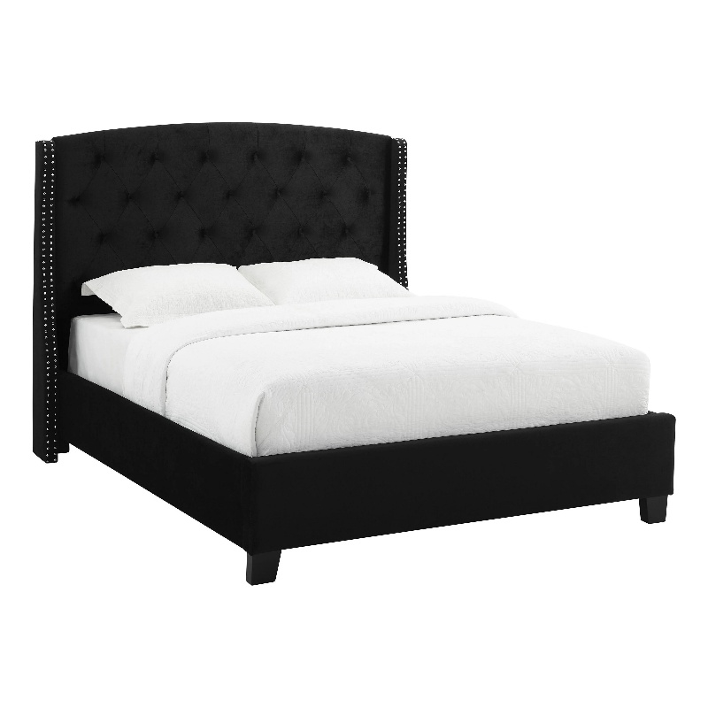 Bowery Hill Queen Bed Low Profile in Black Button Tufted Headboard