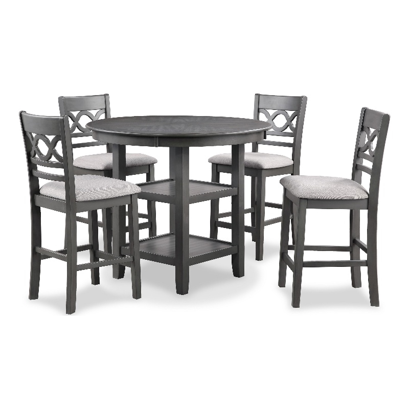 Bowery Hill 5 Pc Round Counter Table and Chair Set in Gray White Fabric