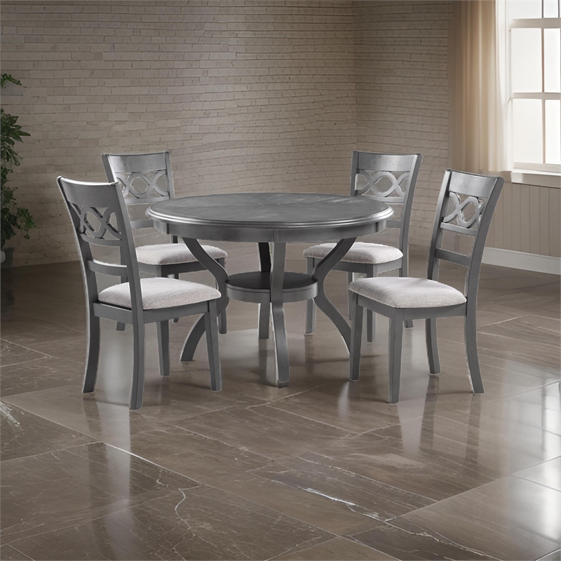 Bowery Hill 5 Piece Round Dining Table and Chair Set in Gray White Fabric