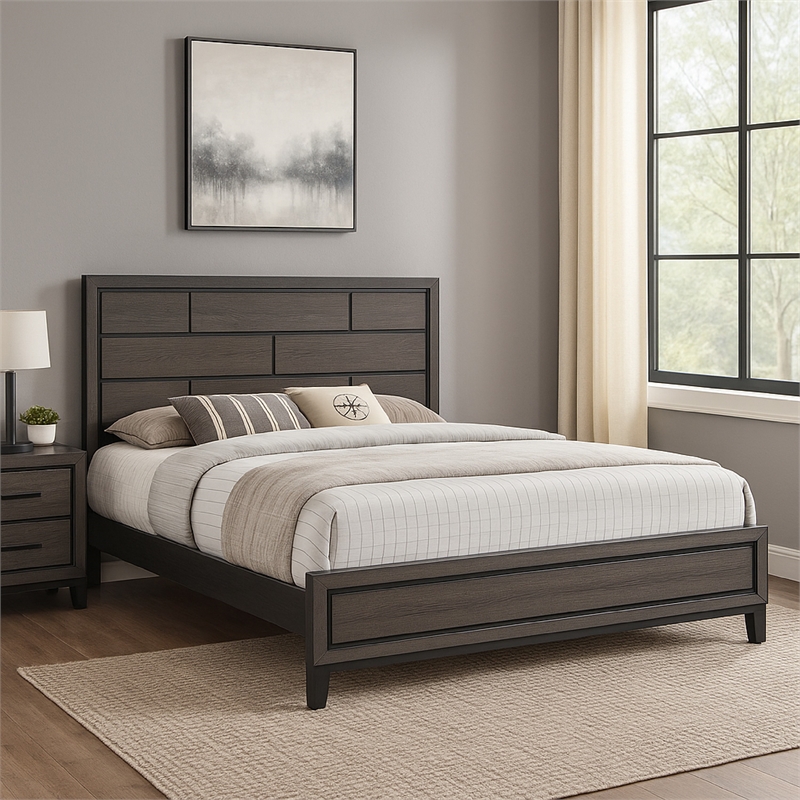 Bowery Hill King Bed with Geometric Panel Headboard in Gray Wood Finish