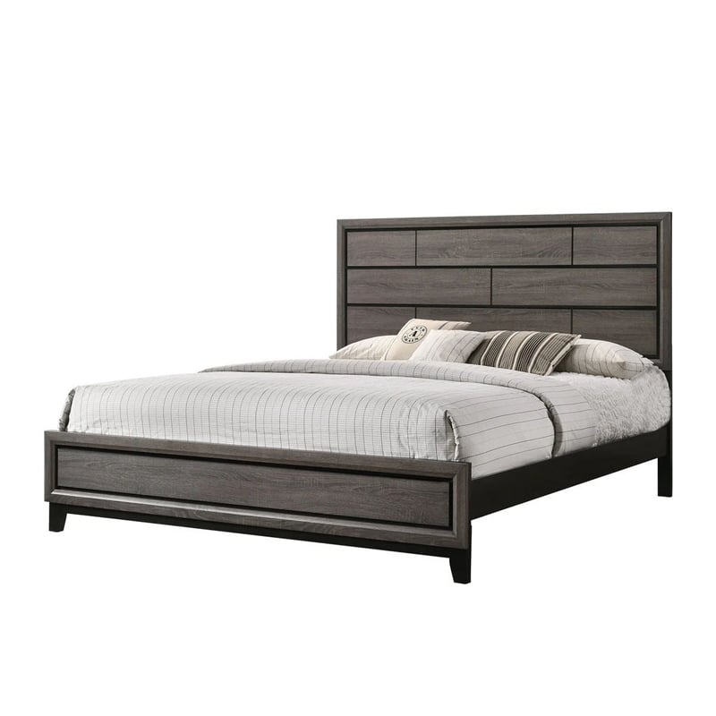 Bowery Hill King Bed with Geometric Panel Headboard in Gray Wood Finish