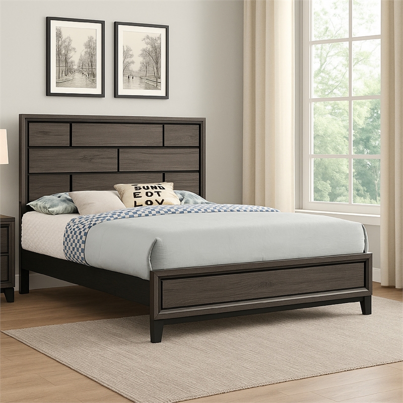 Bowery Hill Full Bed with Geometric Panel Headboard in Gray Wood Finish