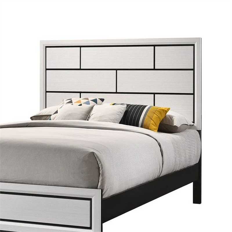 Bowery Hill Queen Bed with Geometric Panel Headboard in White Wood Finish