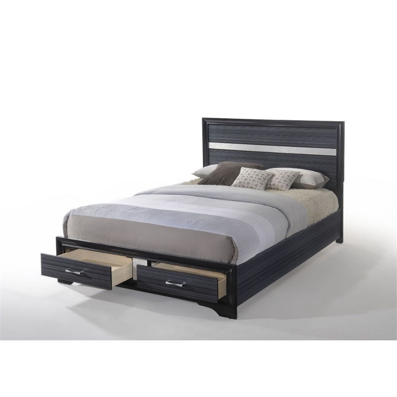 Bowery Hill Queen Bed Rubberwood in Gray Textured Shimmery Acrylic Trim