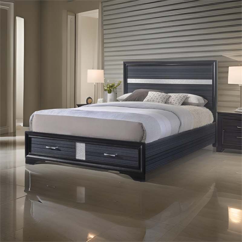 Bowery Hill Queen Bed Rubberwood in Gray Textured Shimmery Acrylic Trim