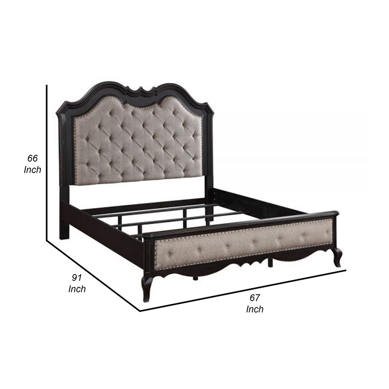 Bowery Hill Queen Bed with Button Tufted Headboard in Beige and Black
