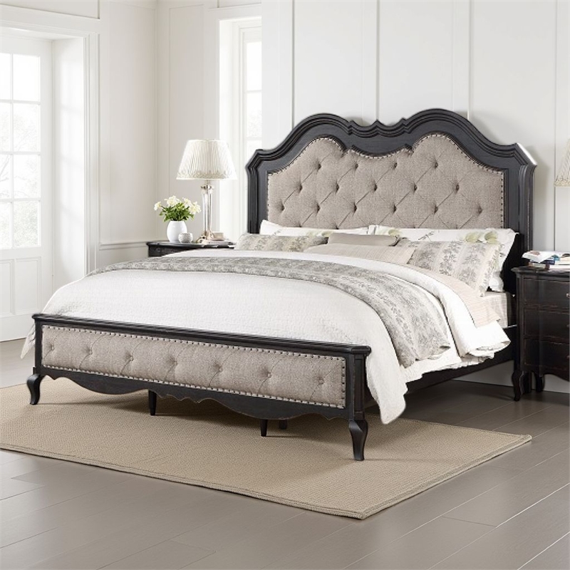 Bowery Hill Queen Bed with Button Tufted Headboard in Beige and Black
