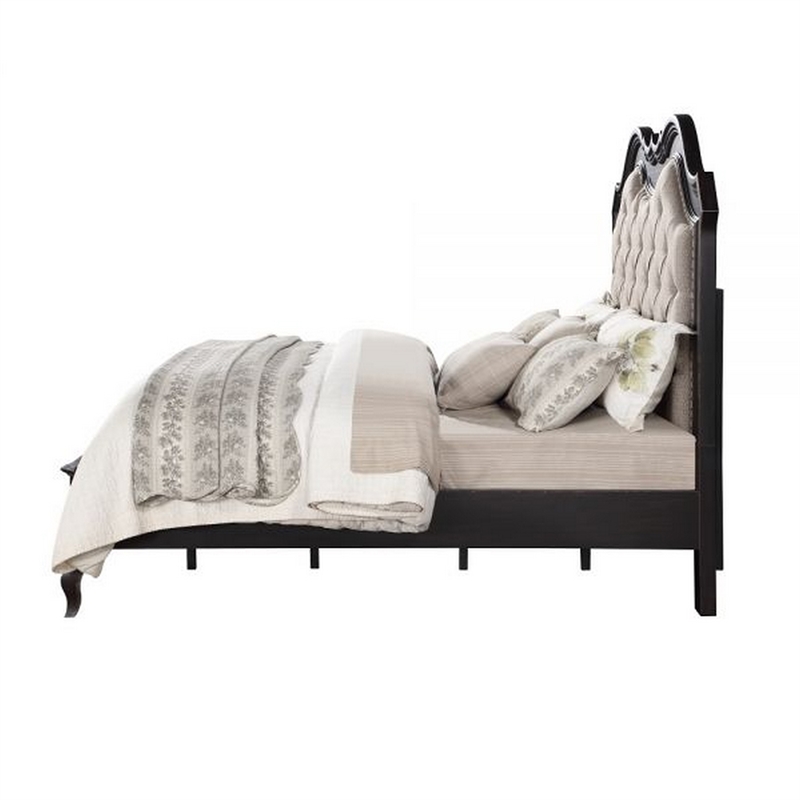 Bowery Hill Queen Bed with Button Tufted Headboard in Beige and Black