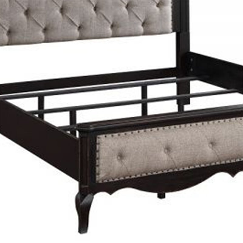 Bowery Hill Queen Bed with Button Tufted Headboard in Beige and Black