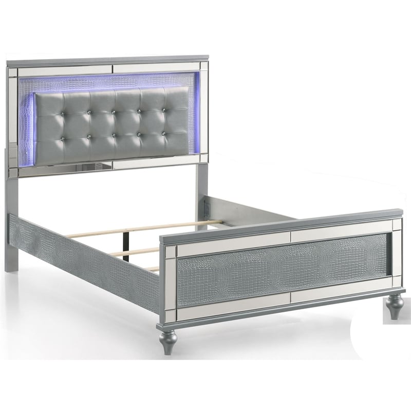 Bowery Hill Queen Bed LED Tufted Faux Leather Upholstery in Textured Silver