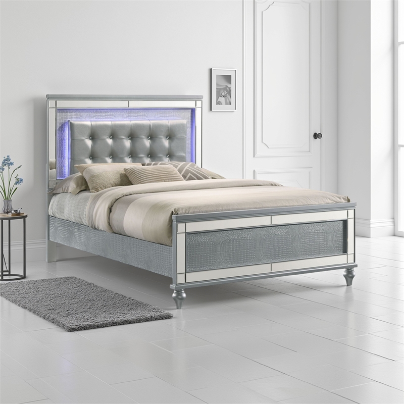 Bowery Hill Queen Bed LED Tufted Faux Leather Upholstery in Textured Silver