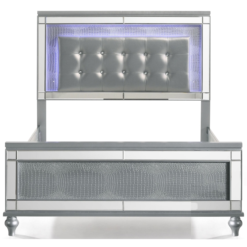 Bowery Hill Queen Bed LED Tufted Faux Leather Upholstery in Textured Silver