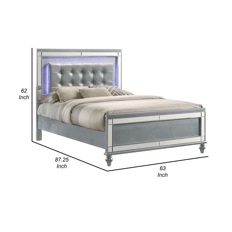Bowery Hill Queen Bed LED Tufted Faux Leather Upholstery in Textured Silver