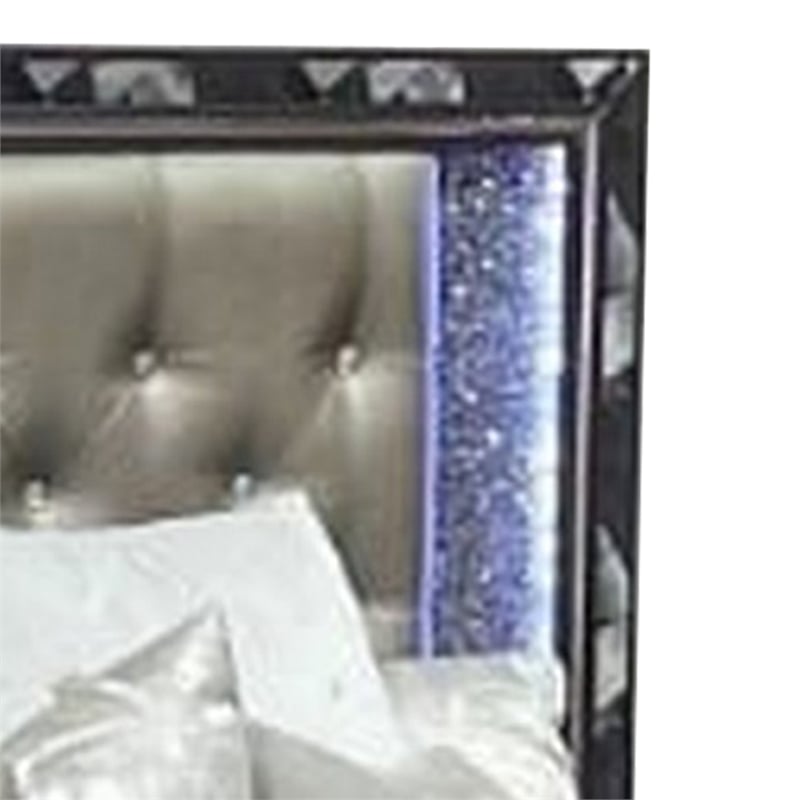 Bowery Hill Queen Bed Silver Faux Leather LED Crystal Accents in Black
