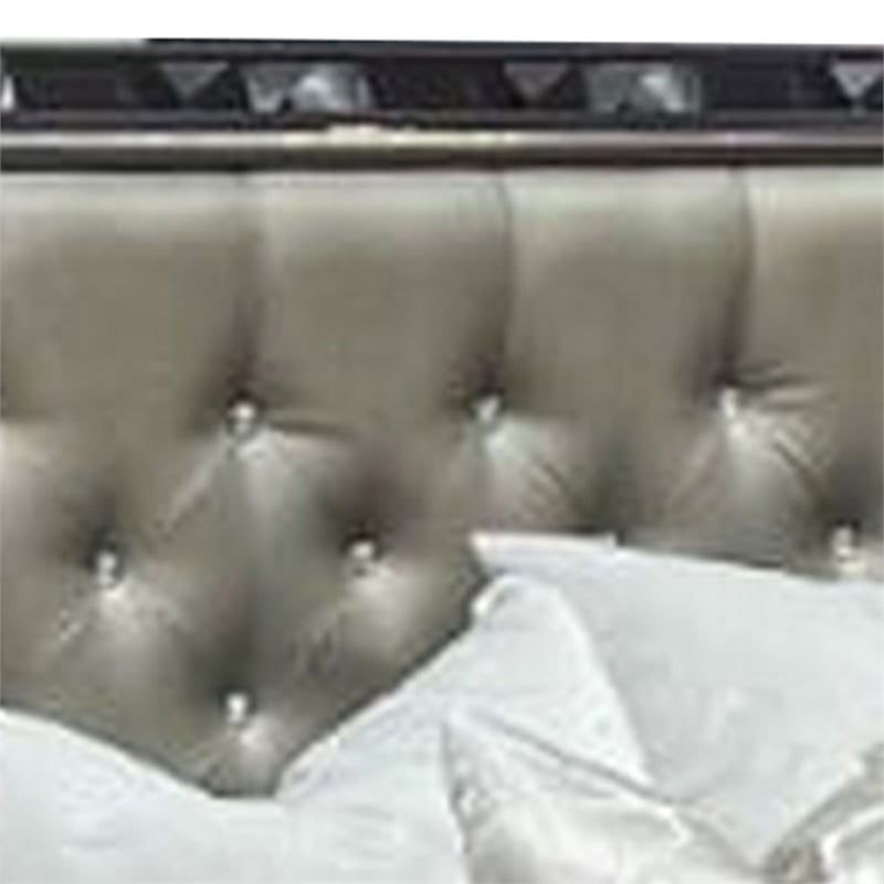 Bowery Hill Queen Bed Silver Faux Leather LED Crystal Accents in Black