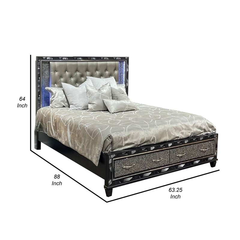 Bowery Hill Queen Bed Silver Faux Leather LED Crystal Accents in Black