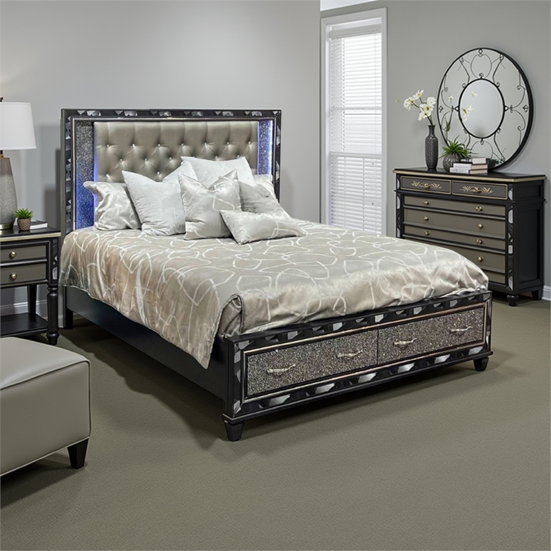 Bowery Hill Queen Bed Silver Faux Leather LED Crystal Accents in Black