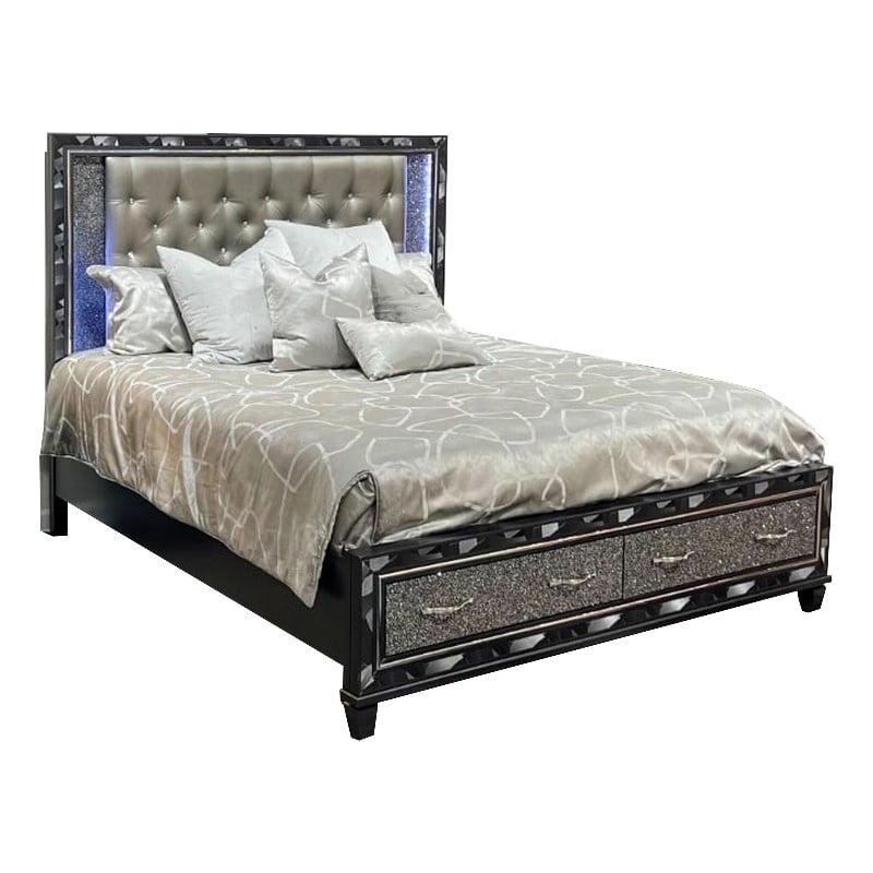 Bowery Hill Queen Bed Silver Faux Leather LED Crystal Accents in Black