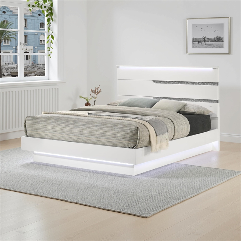 Bowery Hill Queen Bed LED Crystal Accents Modern Design in Glossy White