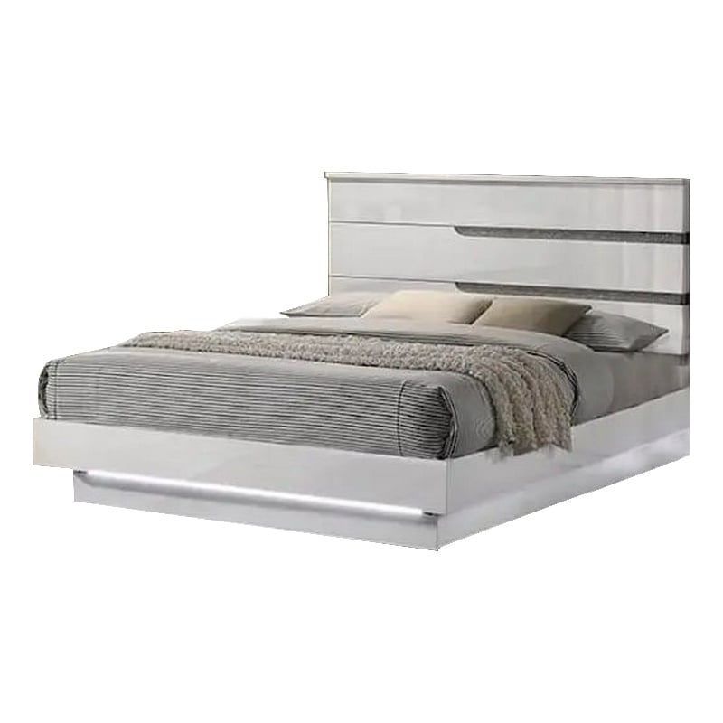 Bowery Hill Queen Bed LED Crystal Accents Modern Design in Glossy White
