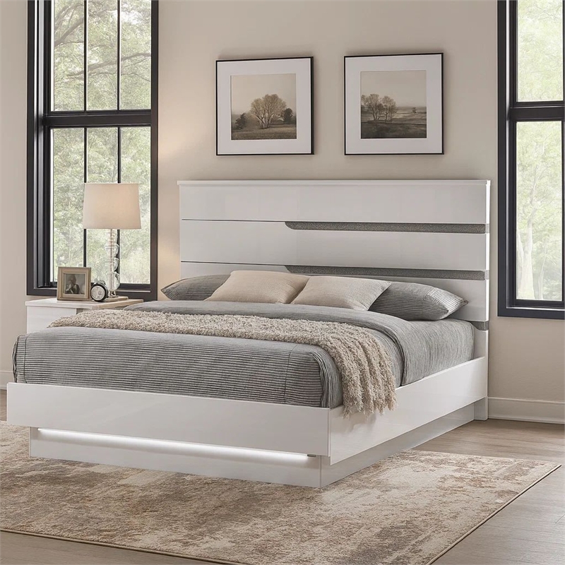 Bowery Hill King Bed LED Crystal Accents Modern Design in Glossy White