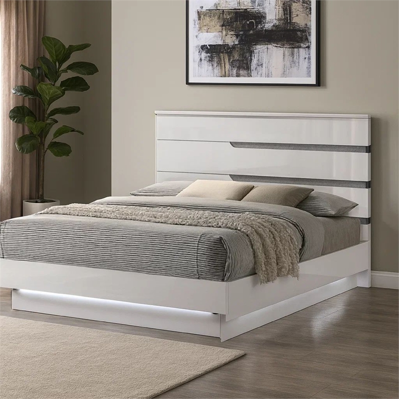 Bowery Hill King Bed LED Crystal Accents Modern Design in Glossy White