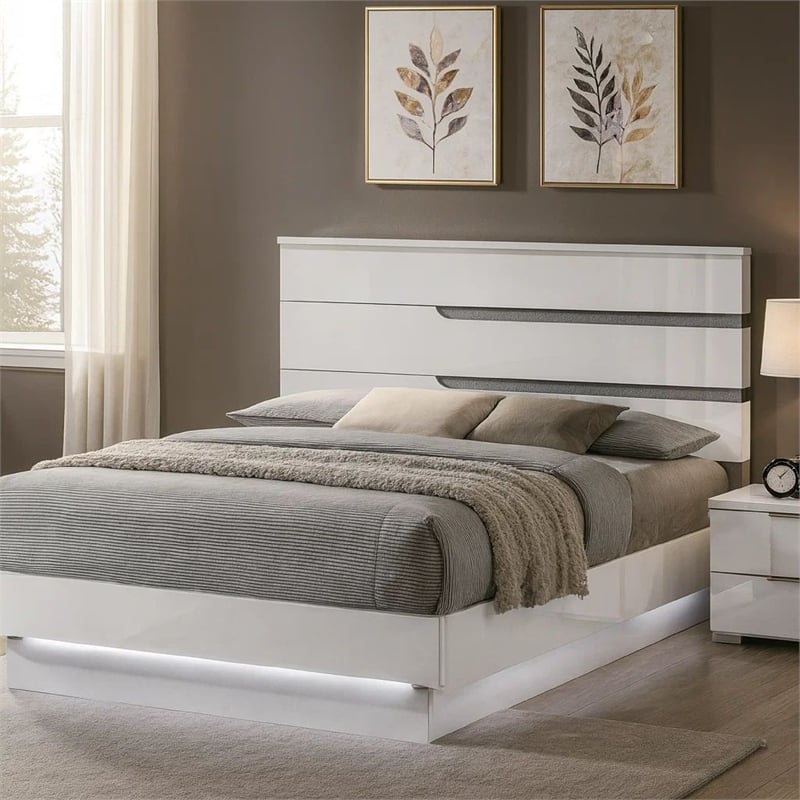 Bowery Hill King Bed LED Crystal Accents Modern Design in Glossy White