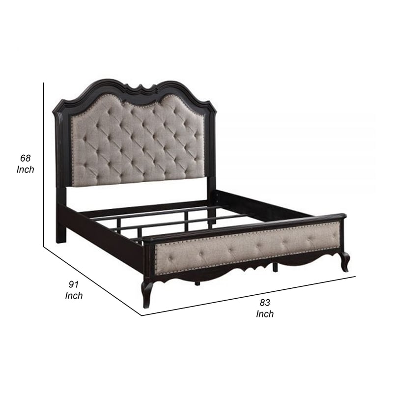 Bowery Hill King Bed with Button Tufted Headboard in Beige Upholstery Black