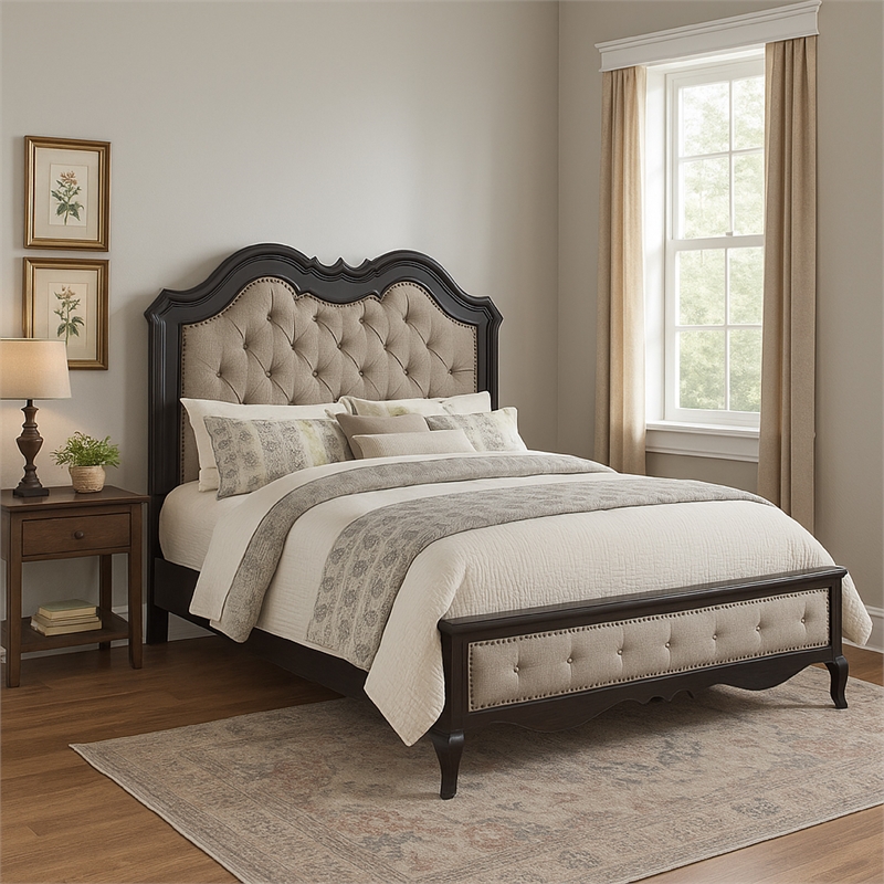 Bowery Hill King Bed with Button Tufted Headboard in Beige Upholstery Black
