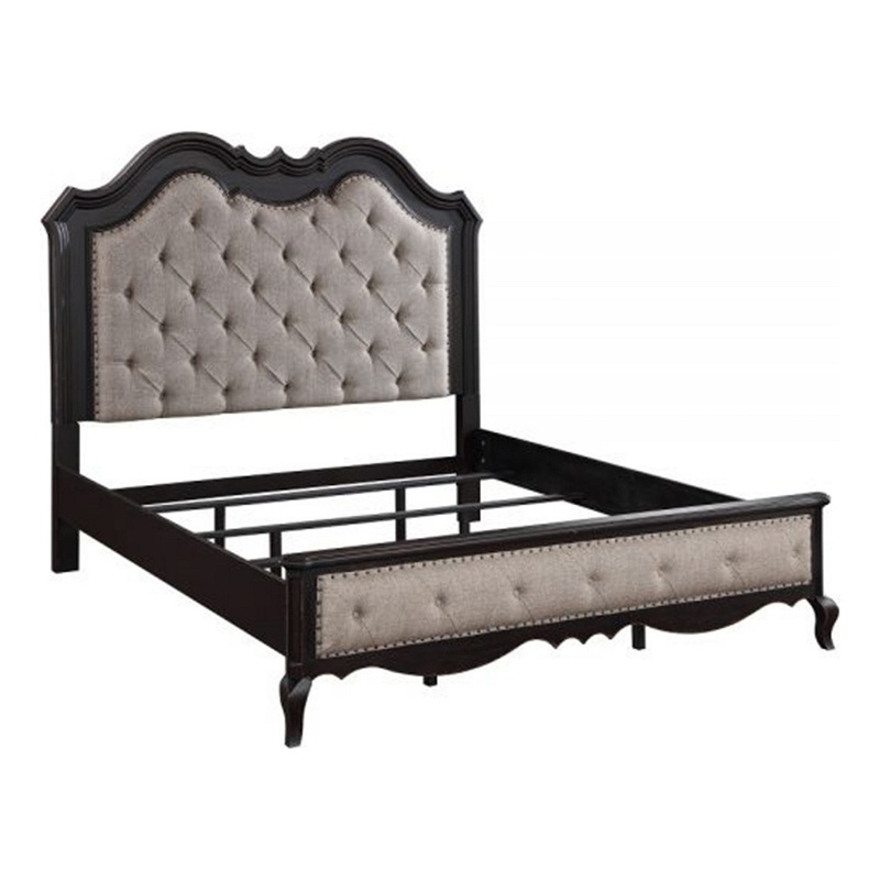 Bowery Hill King Bed with Button Tufted Headboard in Beige Upholstery Black