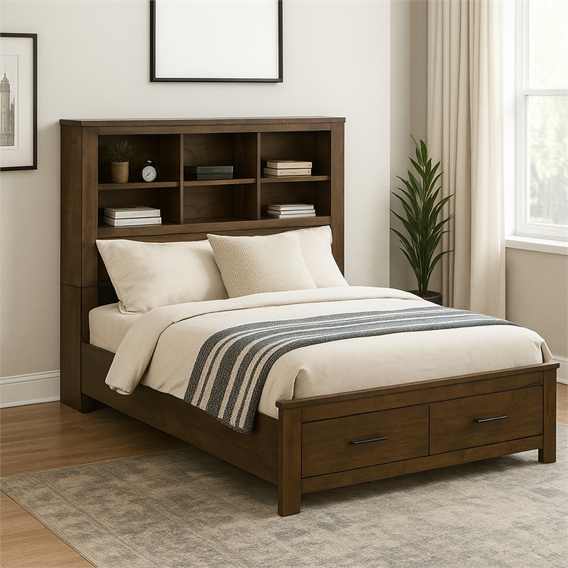 Bowery Hill Queen Bed with Bookcase Headboard Solid Wood in Oak Brown