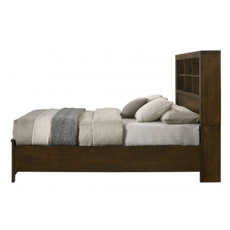 Bowery Hill Queen Bed with Bookcase Headboard Solid Wood in Oak Brown