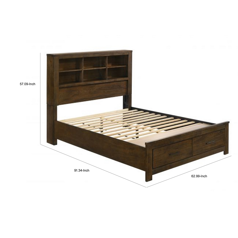 Bowery Hill Queen Bed with Bookcase Headboard Solid Wood in Oak Brown