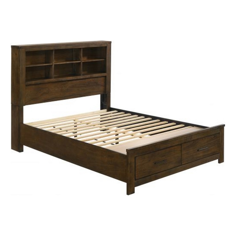 Bowery Hill Queen Bed with Bookcase Headboard Solid Wood in Oak Brown
