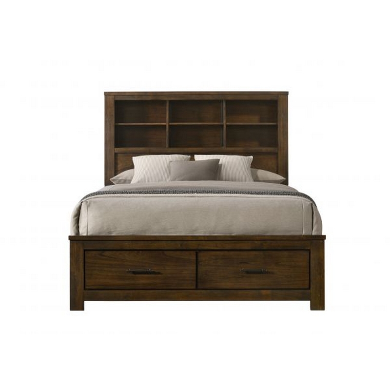Bowery Hill Queen Bed with Bookcase Headboard Solid Wood in Oak Brown