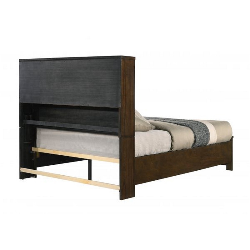 Bowery Hill Queen Bed with Bookcase Headboard Solid Wood in Oak Brown