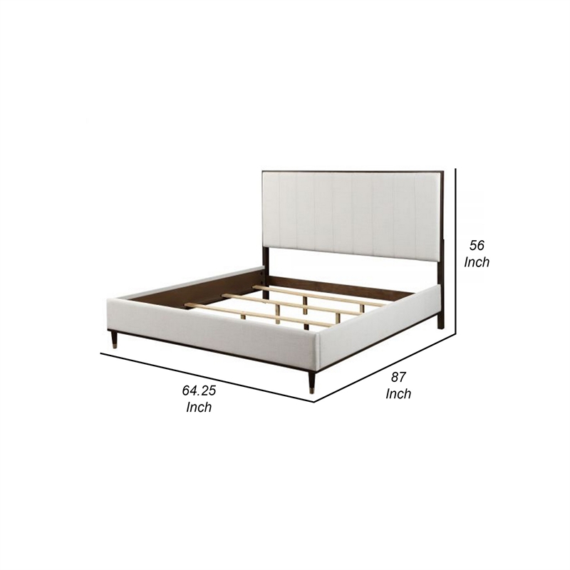 Bowery Hill Queen Bed in Light Gray Fabric Crisp White and Smooth Brown