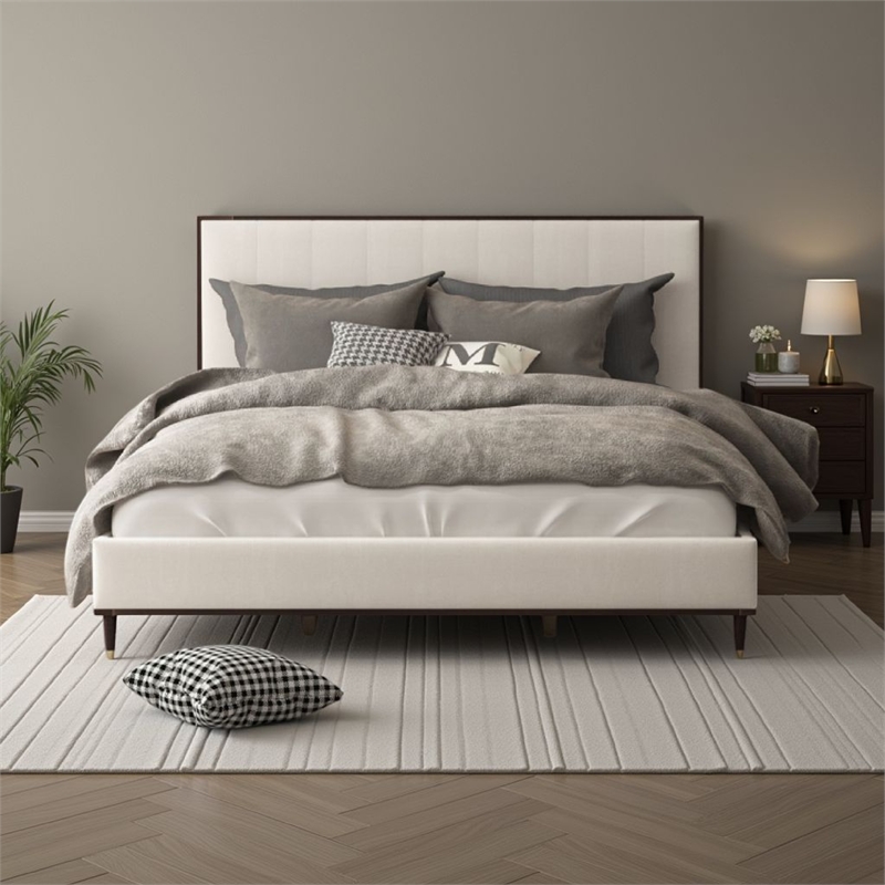 Bowery Hill Queen Bed in Light Gray Fabric Crisp White and Smooth Brown