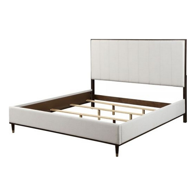 Bowery Hill Queen Bed in Light Gray Fabric Crisp White and Smooth Brown