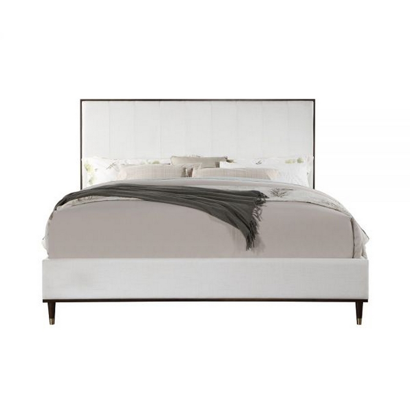 Bowery Hill Queen Bed in Light Gray Fabric Crisp White and Smooth Brown