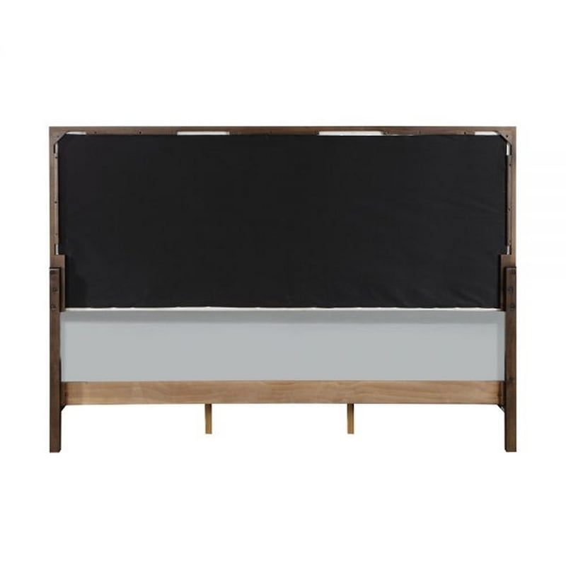 Bowery Hill Queen Bed in Light Gray Fabric Crisp White and Smooth Brown