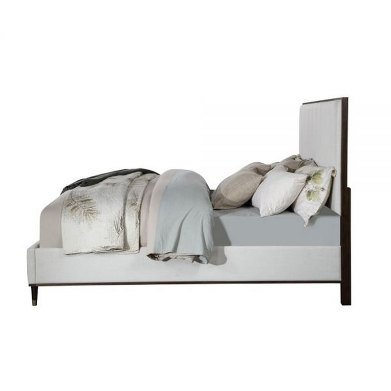Bowery Hill King Bed in Light Gray Fabric Crisp White and Smooth Brown