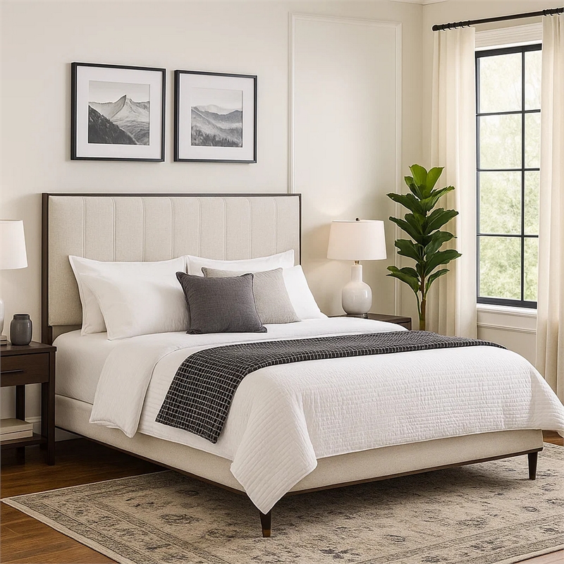 Bowery Hill King Bed in Light Gray Fabric Crisp White and Smooth Brown