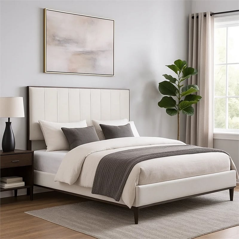 Bowery Hill King Bed in Light Gray Fabric Crisp White and Smooth Brown