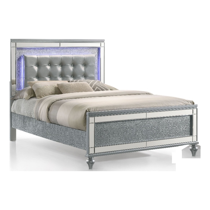 Bowery Hill Full Bed LED Tufted Faux Leather Upholstery in Textured Silver