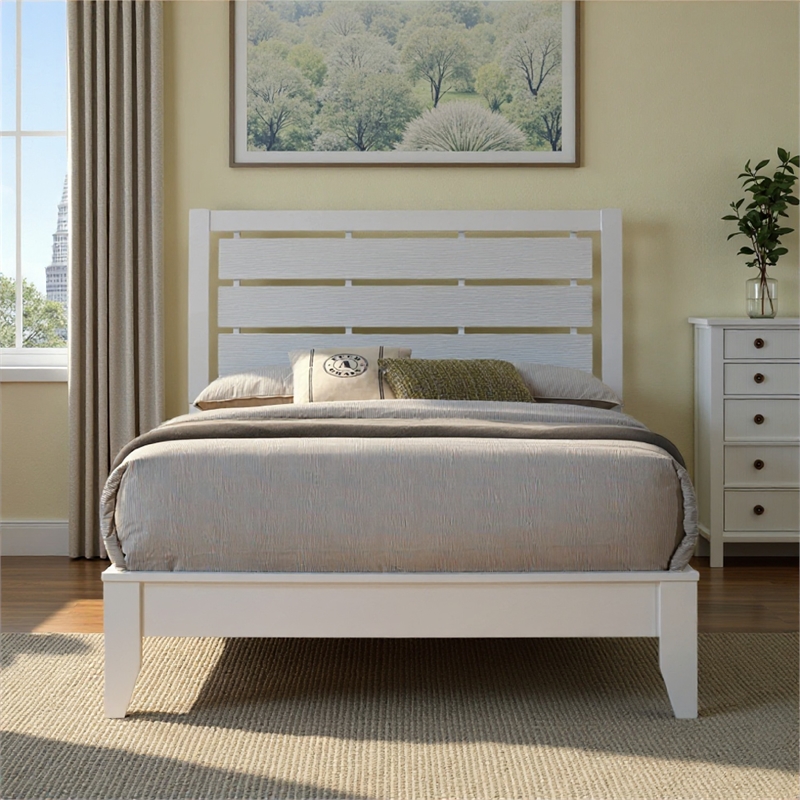 Bowery Hill King Bed Slatted Headboard Chamfered Legs in White Wood Modern