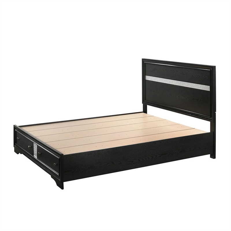 Bowery Hill Queen Bed 2 Drawers Silver Striped Headboard in Black Wood