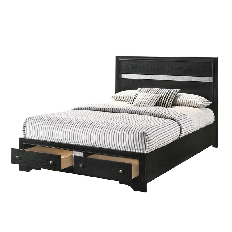 Bowery Hill Queen Bed 2 Drawers Silver Striped Headboard in Black Wood
