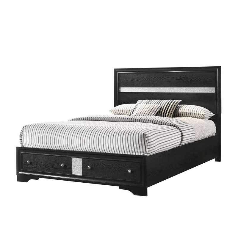 Bowery Hill Queen Bed 2 Drawers Silver Striped Headboard in Black Wood