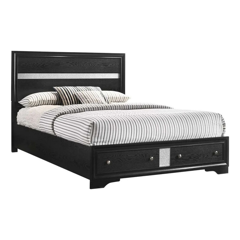 Bowery Hill Queen Bed 2 Drawers Silver Striped Headboard in Black Wood